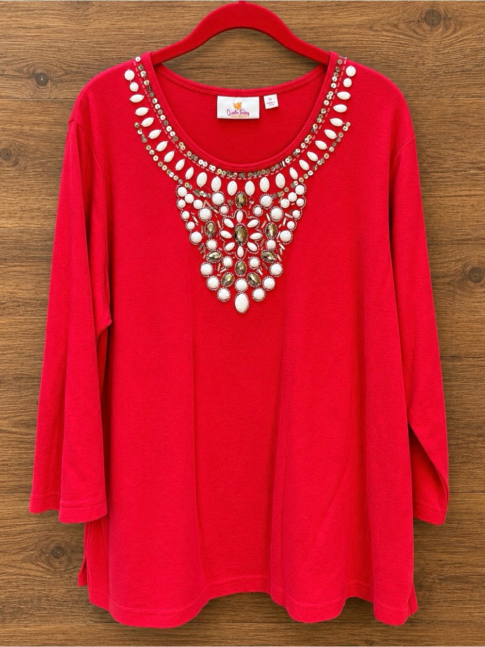 Quacker Factory Women's Red Embellished Neckline 3/4 Sleeve XL Blouse